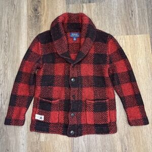 Polo Ralph Lauren Cardigan Boys 6 Red Black‎ Buffalo Plaid Sweater Wool Holiday